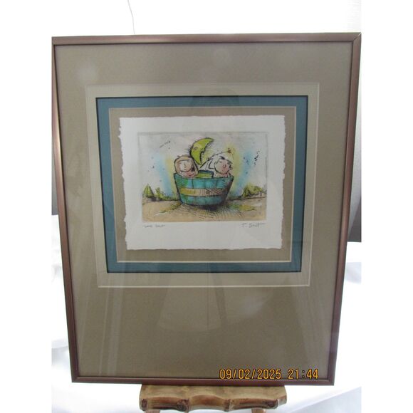 Framed art by T Scot love soup girl boy moon signed hand painted original - Picture 1 of 7